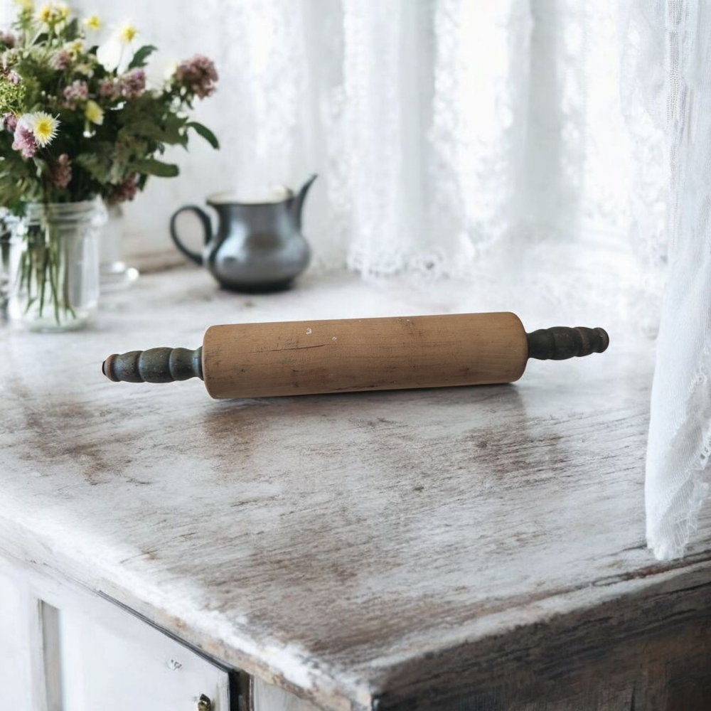 Vintage Wooden Rolling Pin with Dark Green Handles